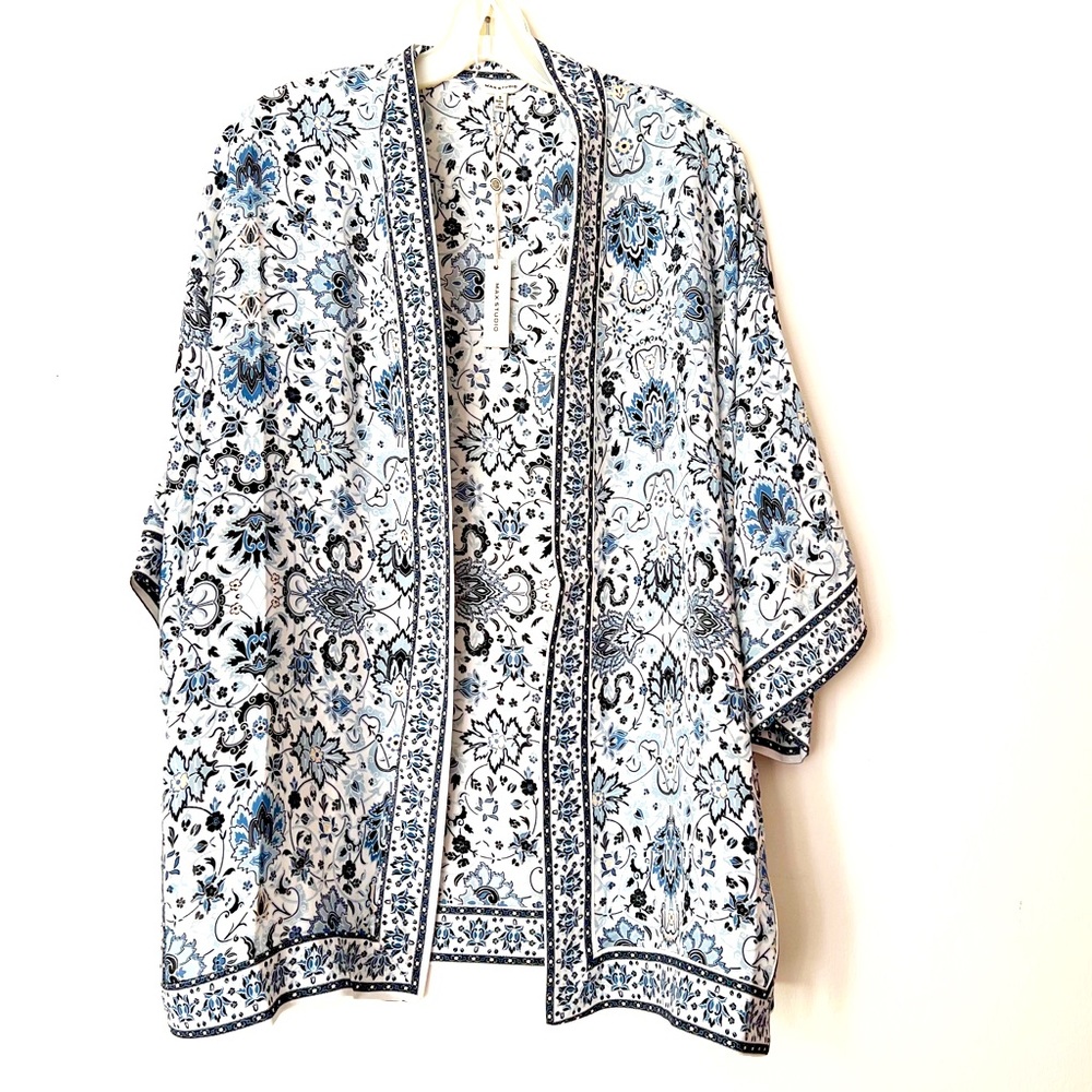 MAX STUDIO white blue‎ FLORAL KIMONO jacket coat wrap LAYER NEW NWT size SMALL